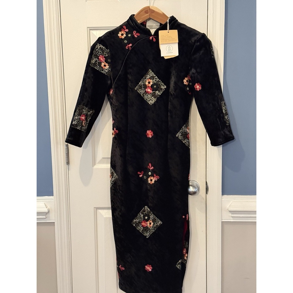 Zong Miao Velvet Floral Embroidered Cheongsam Dress Black Midi M Formal NWT